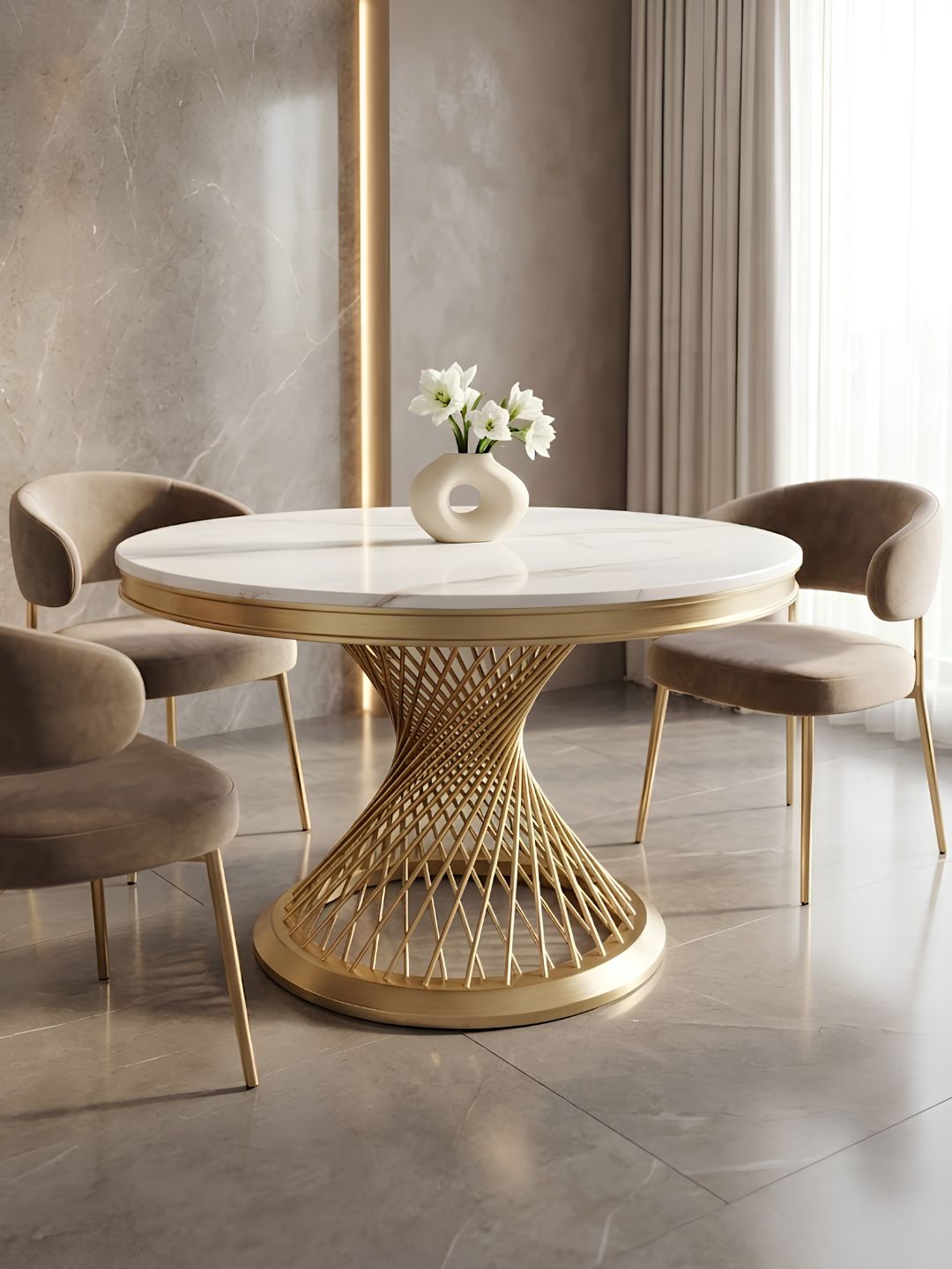 STÓŁ Emporio okrągły, blat ze sztucznego marmuru, zakręcona, designerska podstawa w złotym szczotkowanym wykończeniu, klasyczny glamour