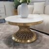 STOLIK KAWOWY Emporio Gold Fosco, okrągły, blat ze sztucznego marmuru, złota, szczotkowana zakręcona, designerska podstawa, klasyczny glamour