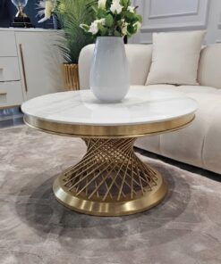 STOLIK KAWOWY Emporio Gold Fosco, okrągły, blat ze sztucznego marmuru, złota, szczotkowana zakręcona, designerska podstawa, klasyczny glamour