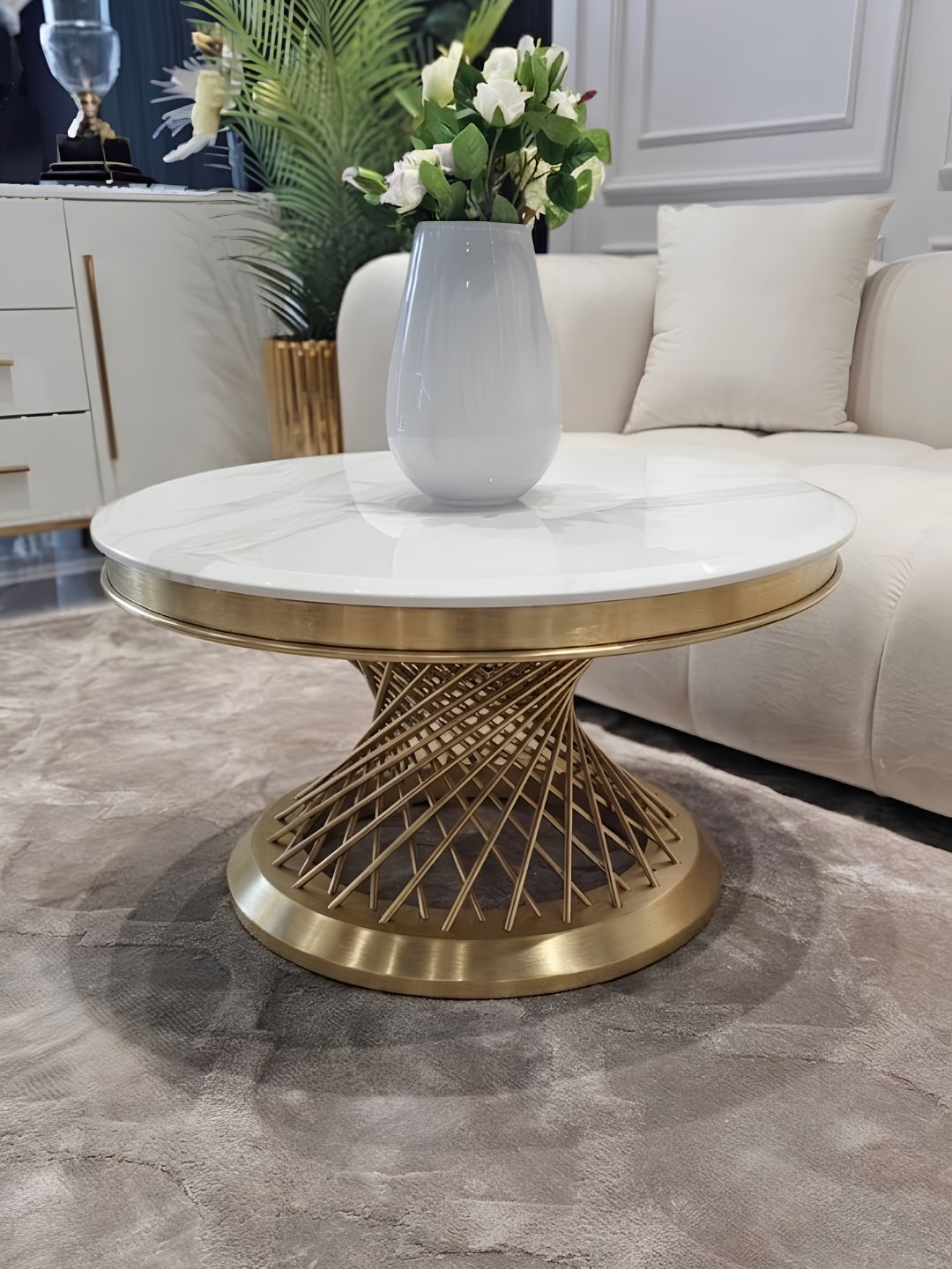 STOLIK KAWOWY Emporio Gold Fosco, okrągły, blat ze sztucznego marmuru, złota, szczotkowana zakręcona, designerska podstawa, klasyczny glamour STOLIK KAWOWY Emporio Gold Fosco, okrągły, blat ze sztucznego marmuru, złota, szczotkowana zakręcona, designerska podstawa, klasyczny glamour