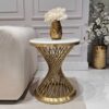 STOLIK POMOCNICZY Emporio Gold Fosco okrągły, na złotej, szczotkowanej, zakręconej podstawie, biały blat z konglomeratu marmurowego, designerski styl