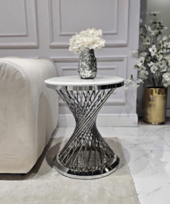STOLIK POMOCNICZY Emporio Silver okrągły, na srebrnej, błyszczącej zakręconej podstawie, biały blat z konglomeratu marmurowego, designerski styl