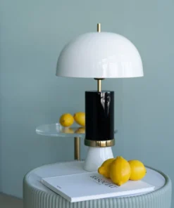 LAMPA STOŁOWA stalowa emaliowana, biało-czarna z złotymi elementami, nowoczesny styl, piękna