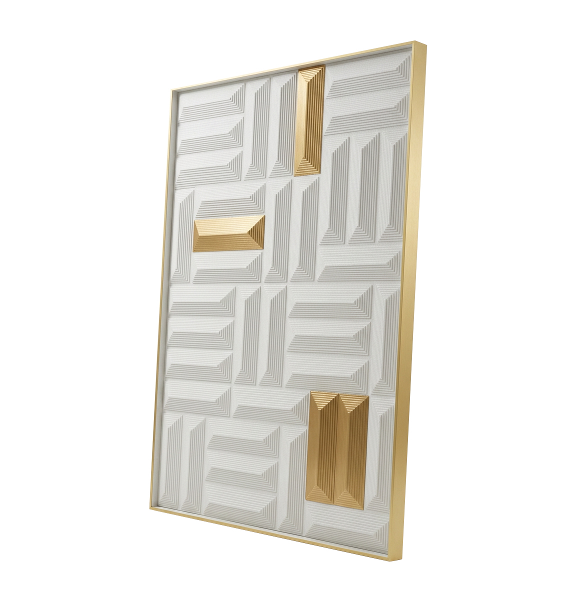 OBRAZ 3D drewniana kompozycja geometryczna, matowe złote akcenty, rama aluminiowa, piękny