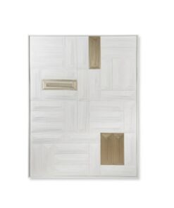 OBRAZ 3D drewniana kompozycja geometryczna, matowe złote akcenty, rama aluminiowa