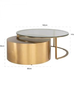 STOLIK KAWOWY ORLAN 2w1 okrągły, metalowy w kolorze szczotkowanego mosiądzu, transparentny szklany blat, nowoczesny design, wymiary