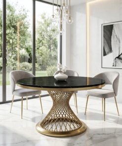STÓŁ Emporio Brass Fosco okrągły, blat ze sztucznego marmuru, zakręcona, designerska podstawa w mosiężnym szczotkowanym wykończeniu, klasyczny glamour – 130 cm