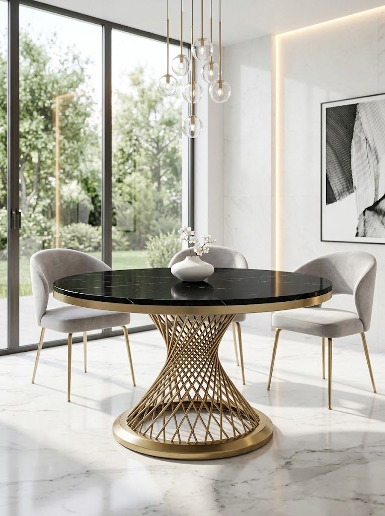 STÓŁ Emporio Brass Fosco okrągły, blat ze sztucznego marmuru, zakręcona, designerska podstawa w mosiężnym szczotkowanym wykończeniu, klasyczny glamour – 130 cm