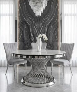 STÓŁ Emporio Silver okrągły, rozkładany, biały blat ze sztucznego marmuru, srebrna, błyszcząca zakręcona, designerska podstawa, nowoczesny styl