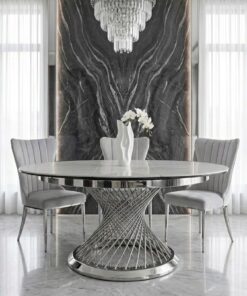 STÓŁ Emporio Silver okrągły, rozkładany, biały blat ze sztucznego marmuru, srebrna, błyszcząca zakręcona, designerska podstawa, nowoczesny styl, piękny