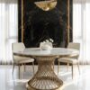 STÓŁ Emporio okrągły, blat ze sztucznego marmuru, zakręcona, designerska podstawa w złotym szczotkowanym wykończeniu, klasyczny glamour - 130 cm