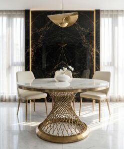 STÓŁ Emporio okrągły, blat ze sztucznego marmuru, zakręcona, designerska podstawa w złotym szczotkowanym wykończeniu, klasyczny glamour - 130 cm