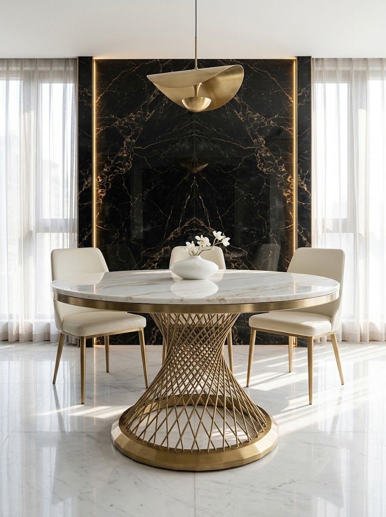 STÓŁ Emporio okrągły, blat ze sztucznego marmuru, zakręcona, designerska podstawa w złotym szczotkowanym wykończeniu, klasyczny glamour - 130 cm