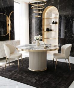 STÓŁ JADALNIANY Prestige Cashmir Fosco kaszmirowy, okrągły, rokzładany blat ze spieku kamiennego, ryflowana podstawa, złote szczotkowane dodatki ze stali nierdzewnej, nowoczesny styl