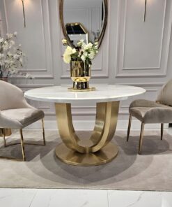 STÓŁ JADALNIANY Ring Gold Fosco okrągły, na złotej szczotkowanej, eleganckiej podstawie, biały blat z konglomeratu marmurowego, nowoczesny glamour