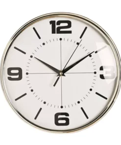 ZEGAR ŚCIENNY okrągły 28 cm, biała tarcza, duże czarne cyfry, chromowana obudowa, wypukłe szkło, nowoczesny styl