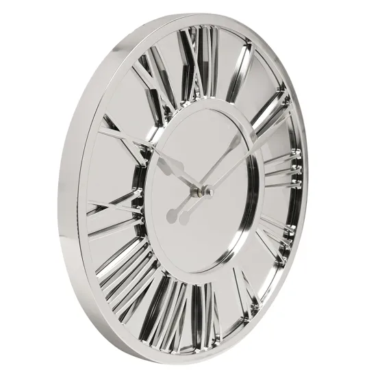 ZEGAR ŚCIENNY okrągły 38 cm, srebrny, lustrzana tarcza, wycięte cyfry rzymskie, nowoczesny styl, piękny ZEGAR ŚCIENNY okrągły 38 cm, srebrny, lustrzana tarcza, wycięte cyfry rzymskie, nowoczesny styl, piękny